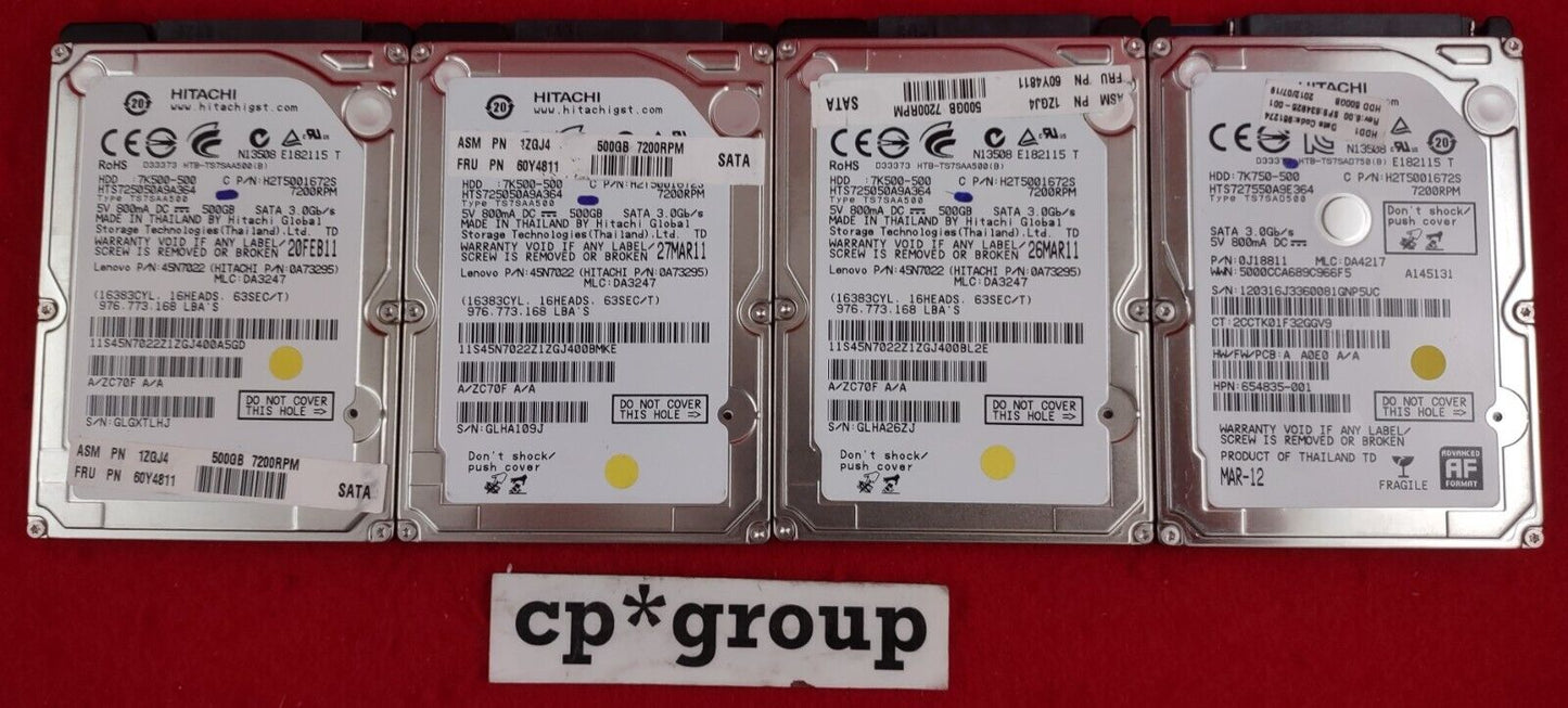 LOT OF 4 Hitachi Travelstar 7K500 500GB 7.2K SATA 2.5" HDD HTS725050A9A364