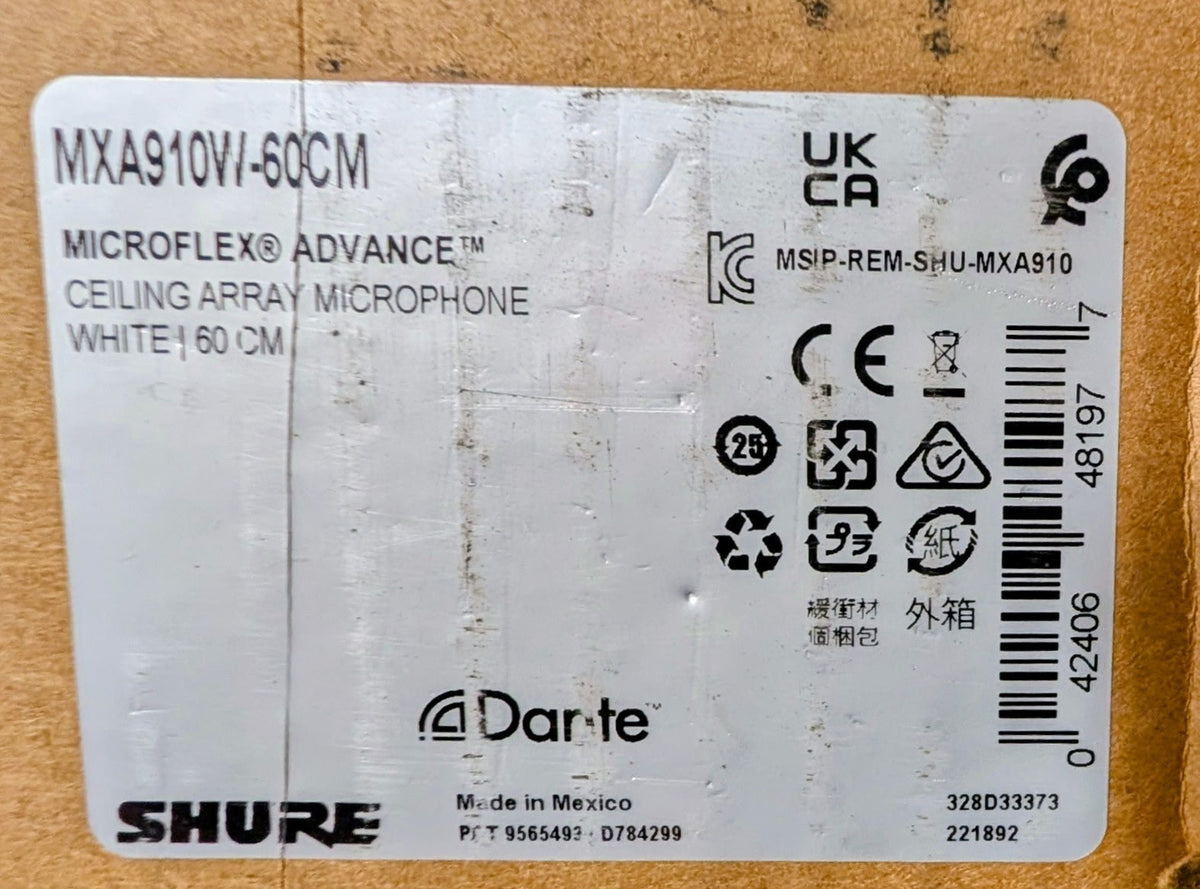 Shure Microflex Advance Ceiling Array Microphone White 60CM w/Dante MXA910W-60CM2