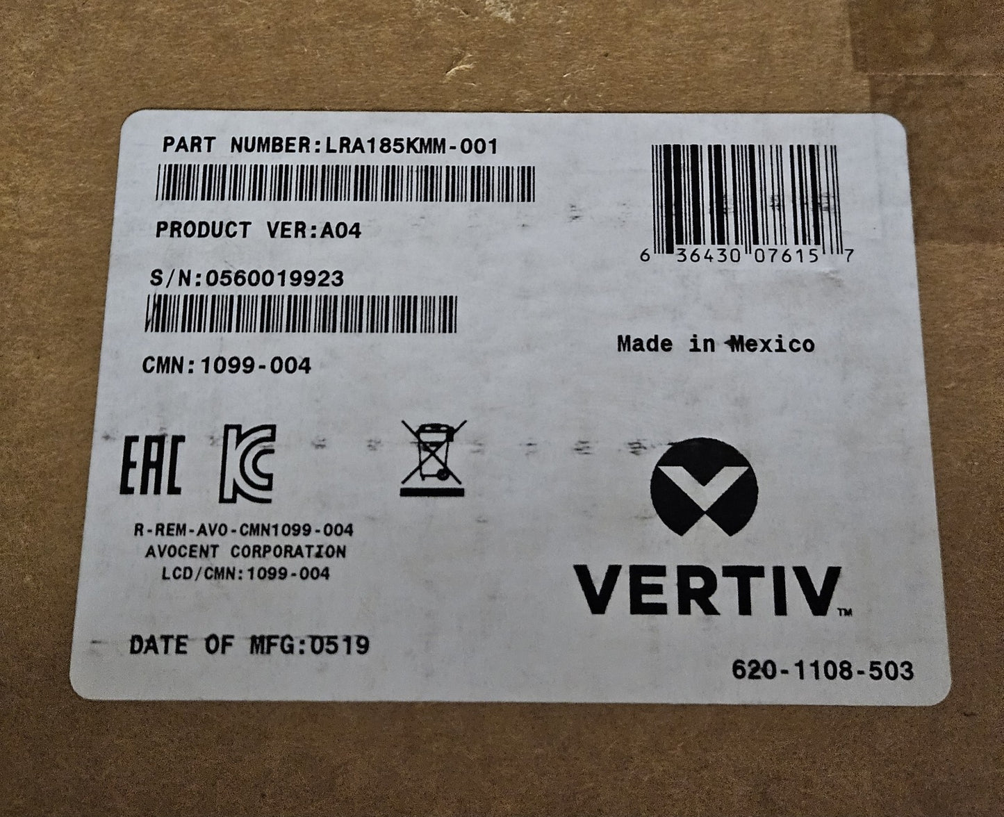 NEW Vertiv Avocent 19" Local Rack Access 1U LCD Rack Mount Console LRA185KMM2