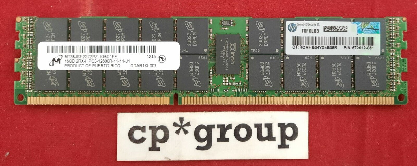 LOT OF 2 HP 16GB 2Rx4 PC3-12800R ECC REG 240 Pin Server Memory 672612-081