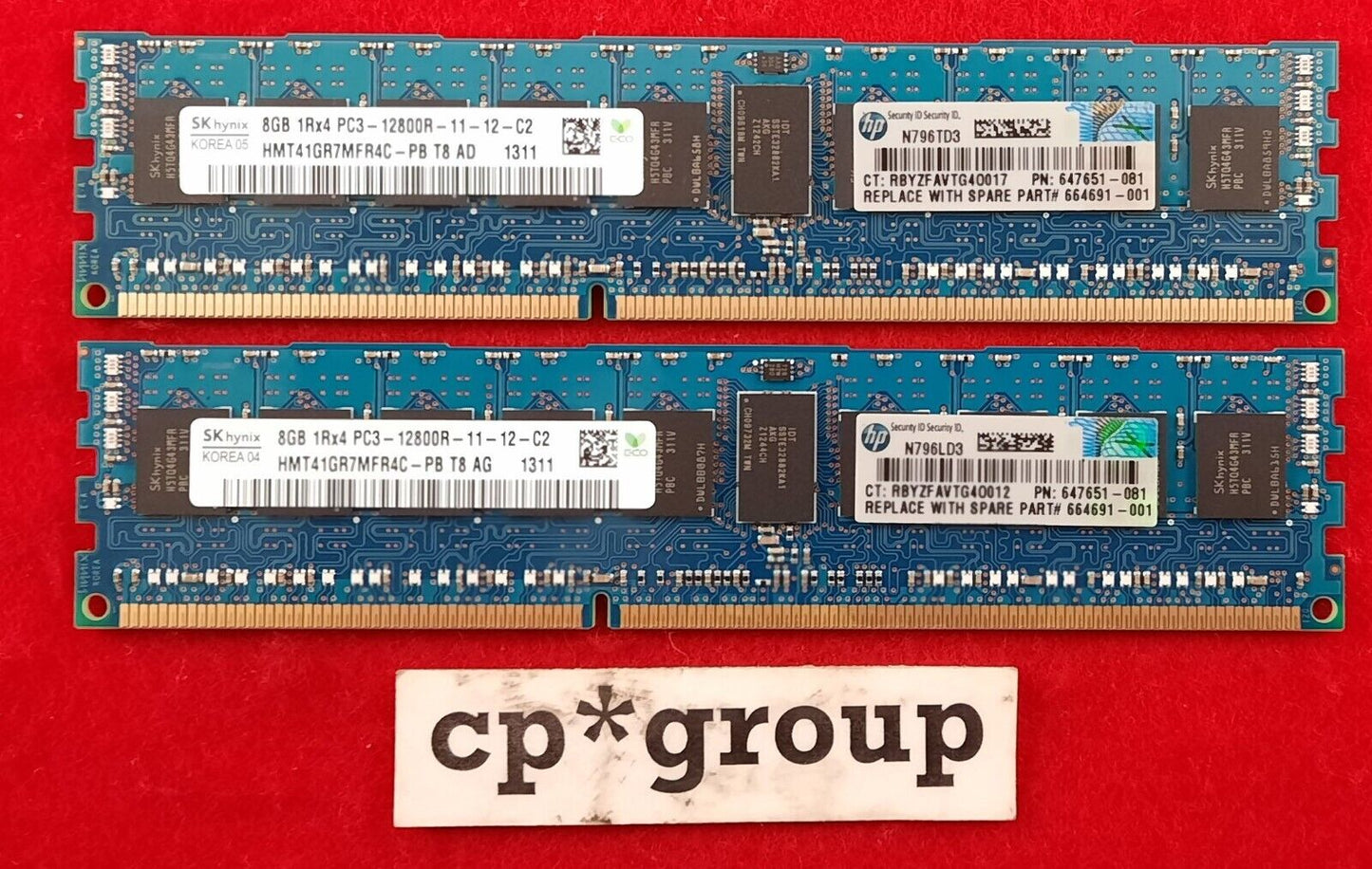 LOT OF 2 Hynix 8GB 1RX4 PC3-12800R REG ECC 240-Pin Server RAM HMT41GR7MFR4C-PB