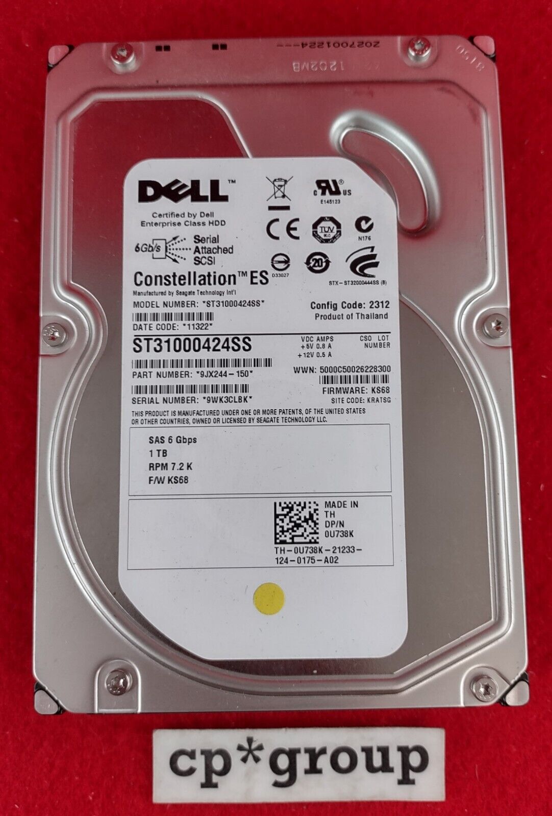 LOT OF 2 Dell 1TB 7200RPM SAS-1 6Gbps 16MB Cache 3.5" Hard Drive U738K