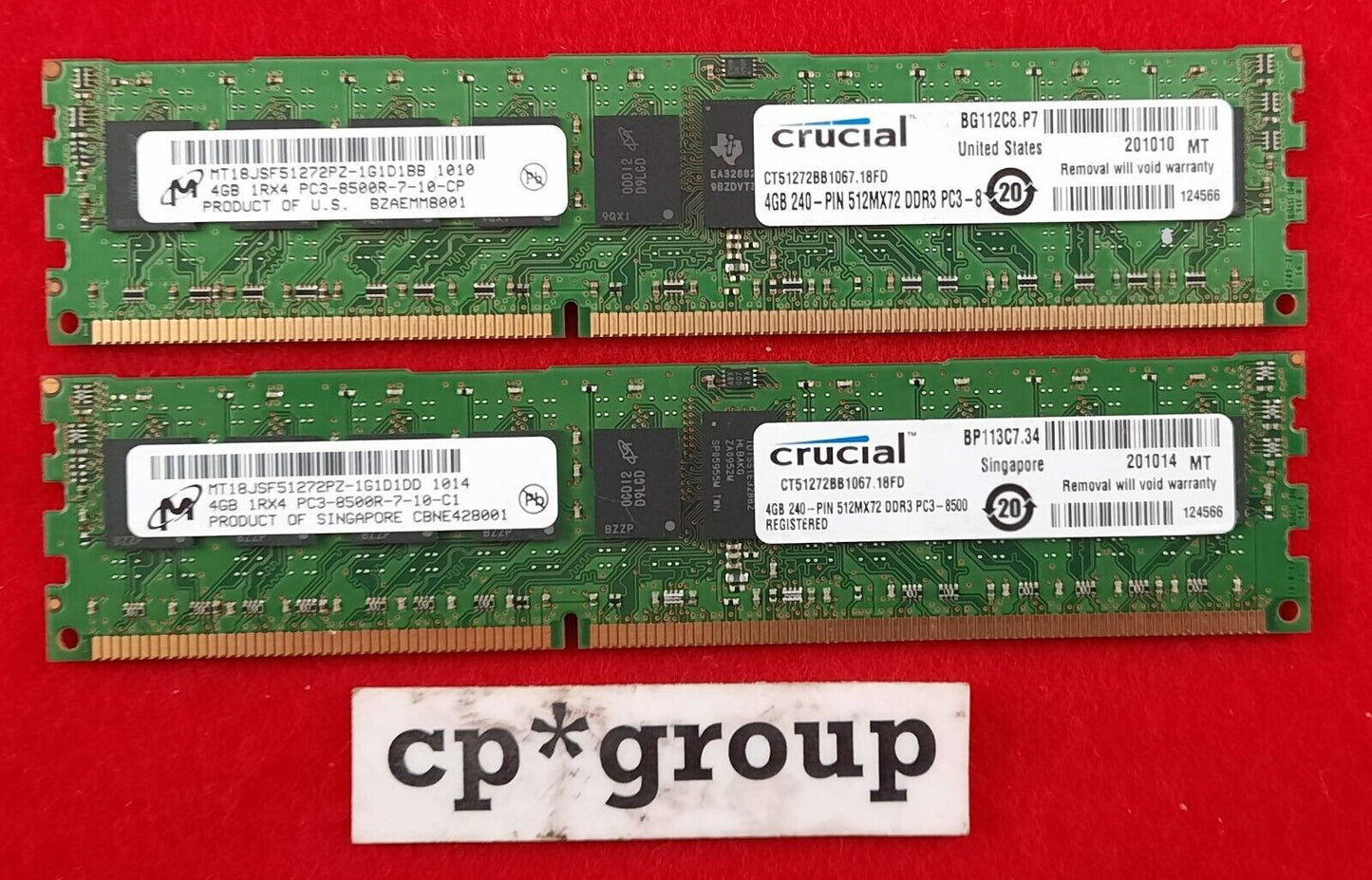 LOT OF 2 Micron 4GB 1RX4 PC3-8500R REG ECC Server RAM MT18JSF51272PZ-1G