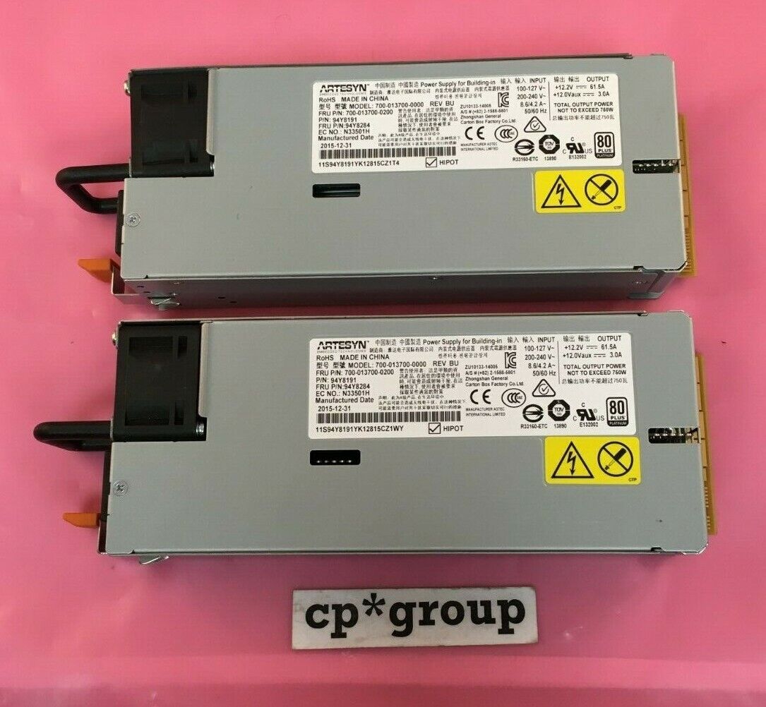 LOT OF 2 IBM Artesyn 750W 80 Plus Platinum Hot Swap Power Supply 94Y8284 94Y8191