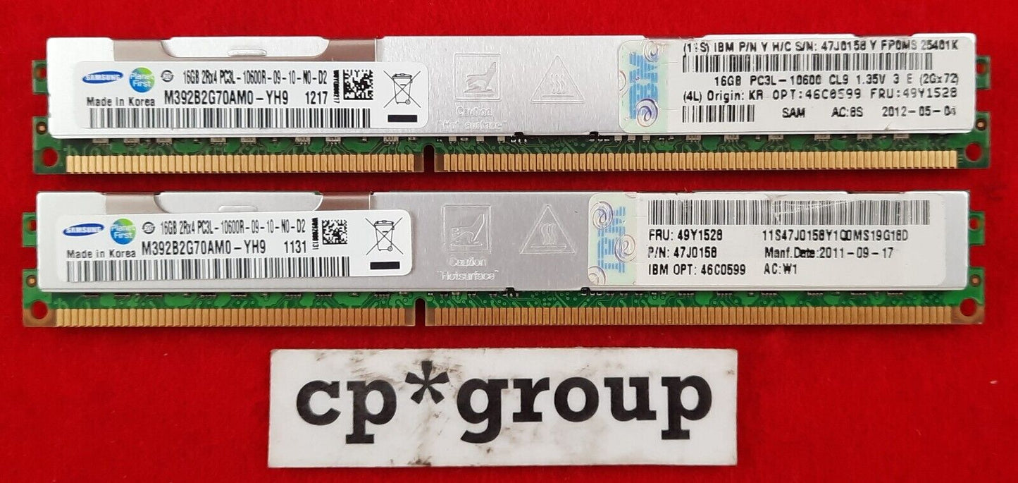 LOT OF 2 IBM 16GB 2Rx4 PC3L-10600R DDR3-1333MHz ECC REG VLP Server RAM 49Y1528