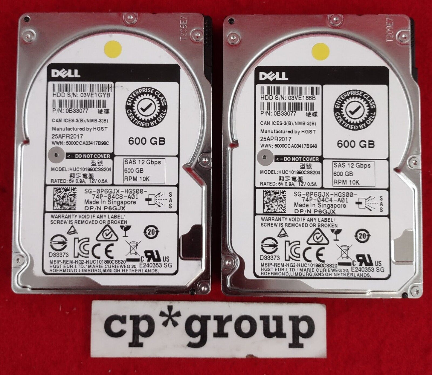 LOT OF 2 Dell 600GB 10K SAS 12Gbps 2.5" Hard Drives P6GJX