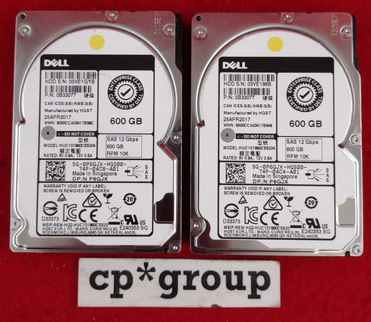 LOT OF 2 Dell 600GB 10K SAS 12Gbps 2.5" Hard Drives P6GJX