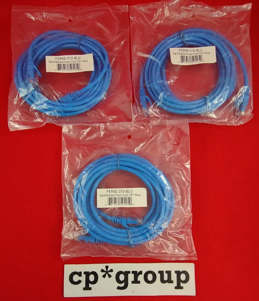 LOT OF 3 Generic Cat6 Molded Patch Cord 10FT (Blue) FER6E-010-BLU