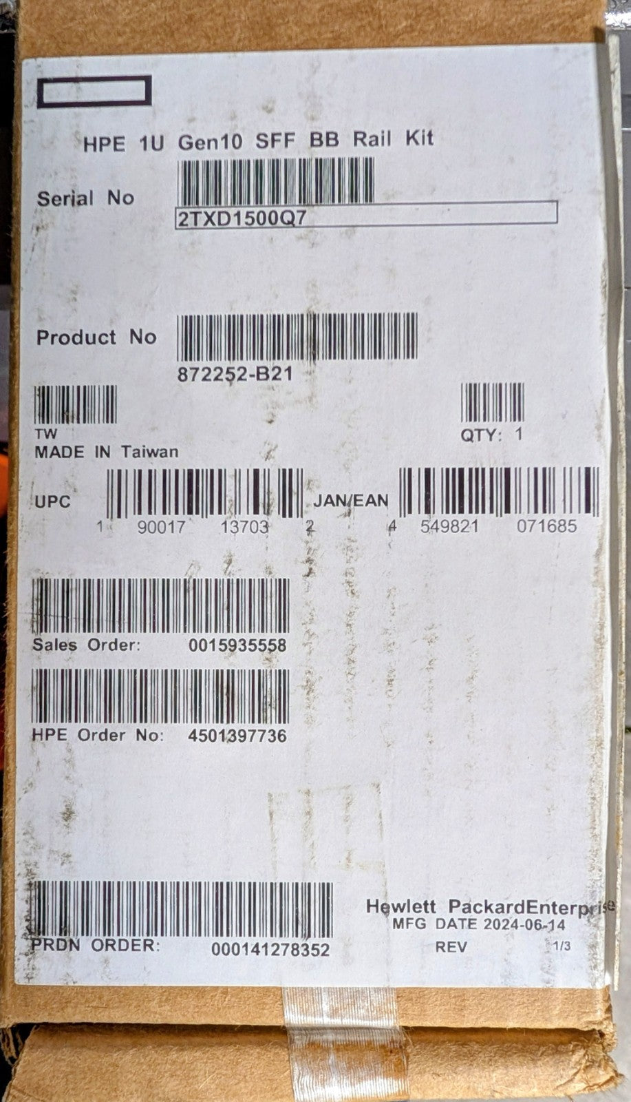 HPE 872252-B21 1U 1U Gen10 SFF Ball Bearing Rail Kit1