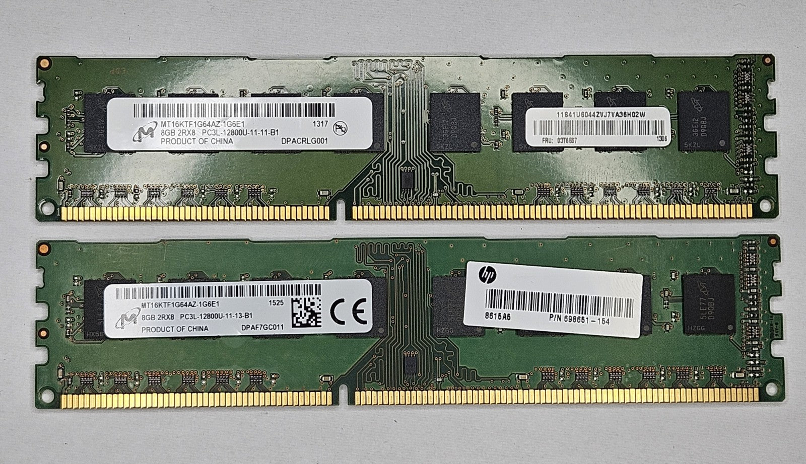 LOT OF 2 Micron 8GB PC3-12800 DDR3-1600MHz Desktop RAM MT16KTF1G64AZ-1G6E10