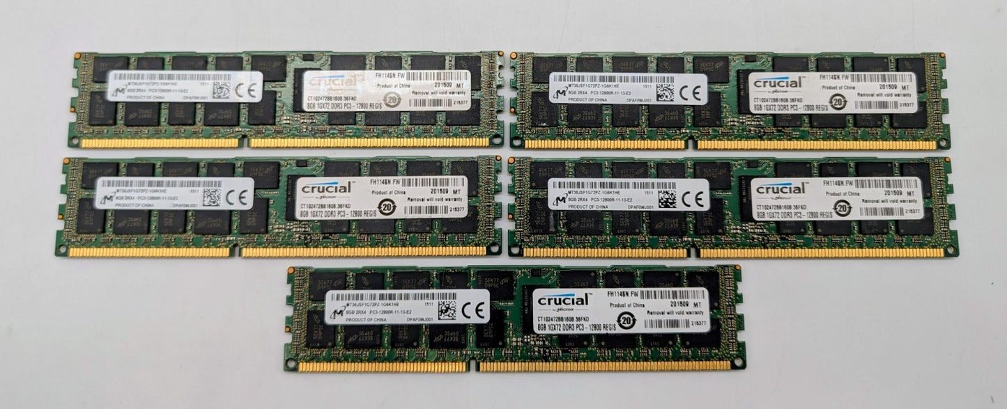 Lot Of 5  1x8GB MICRON MT36JSF1G72PZ-1G6K1 DDR3-1600 8GB Server 1.5V0