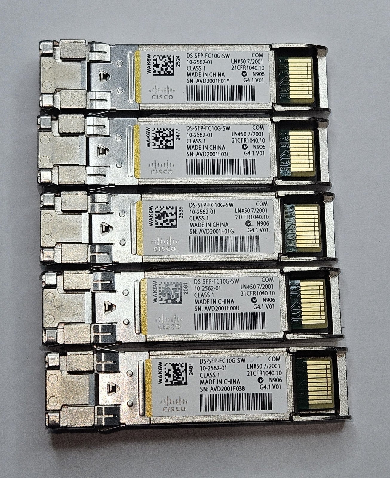 LOT OF 5 Cisco 10GBase-SR MMF 300m 850nm SFP+ Transceiver DS-SFP-FC10G-SW0
