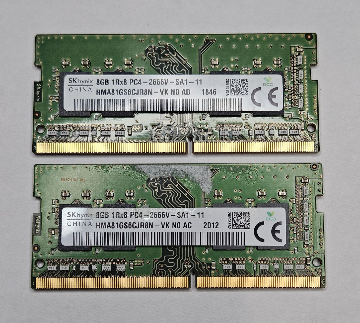 LOT OF 2 Hynix 8GB PC4-21300 DDR4-2666MHz SoDimm Laptop Memory HMA81GS6CJR8N-VK0