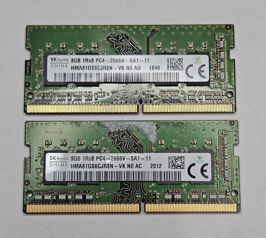 LOT OF 2 Hynix 8GB PC4-21300 DDR4-2666MHz SoDimm Laptop Memory HMA81GS6CJR8N-VK0