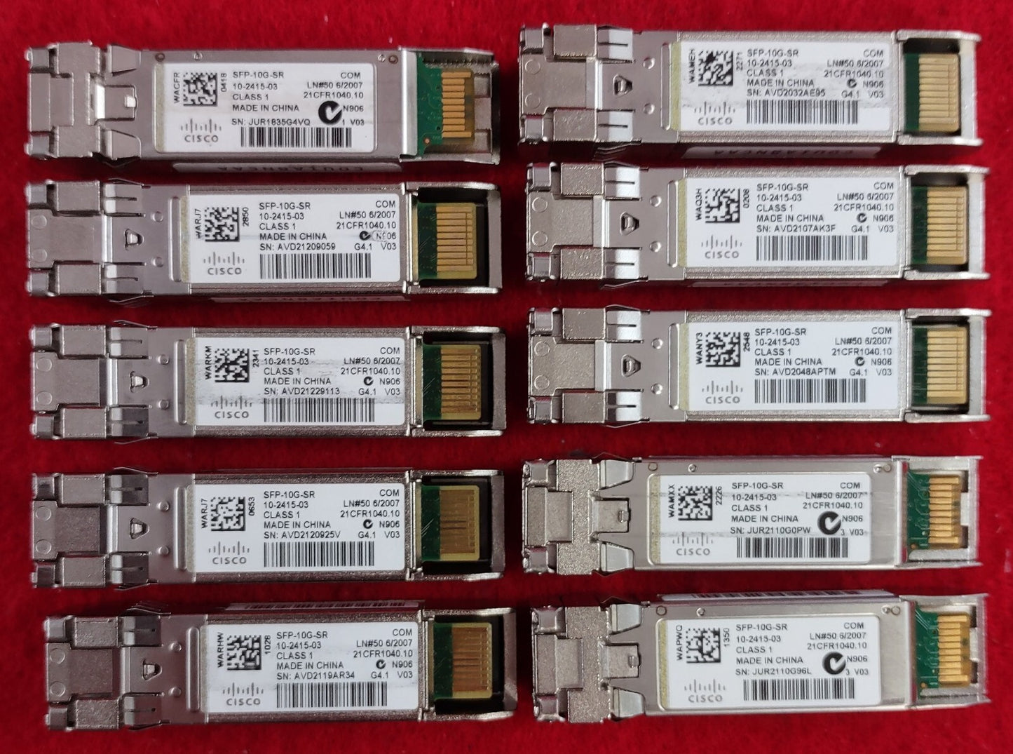 LOT OF 10 Cisco 10GBase-SR LC Duplex MMF 300m 850nm SFP+ Transceivers SFP-10G-SR0