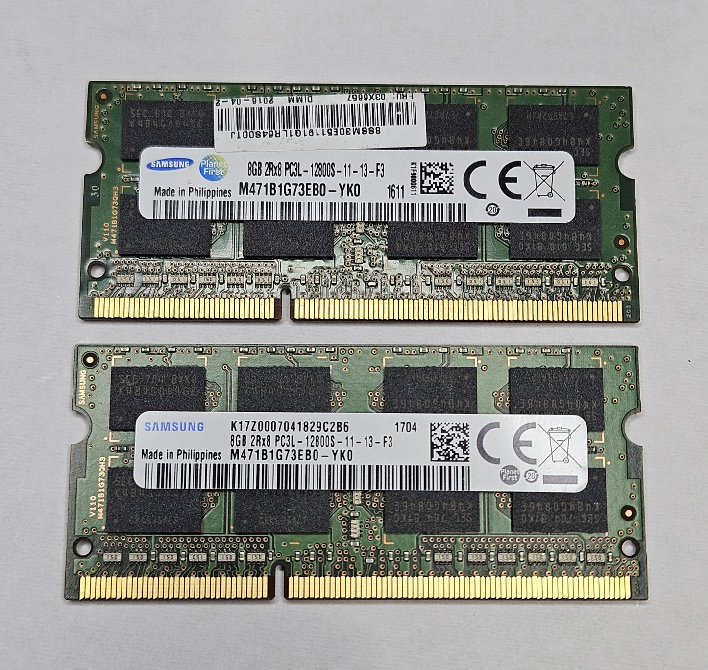 LOT OF 2 Samsung 8GB PC3-12800 DDR3-1600MHz SoDimm Laptop RAM M471B1G73EB0-YK00