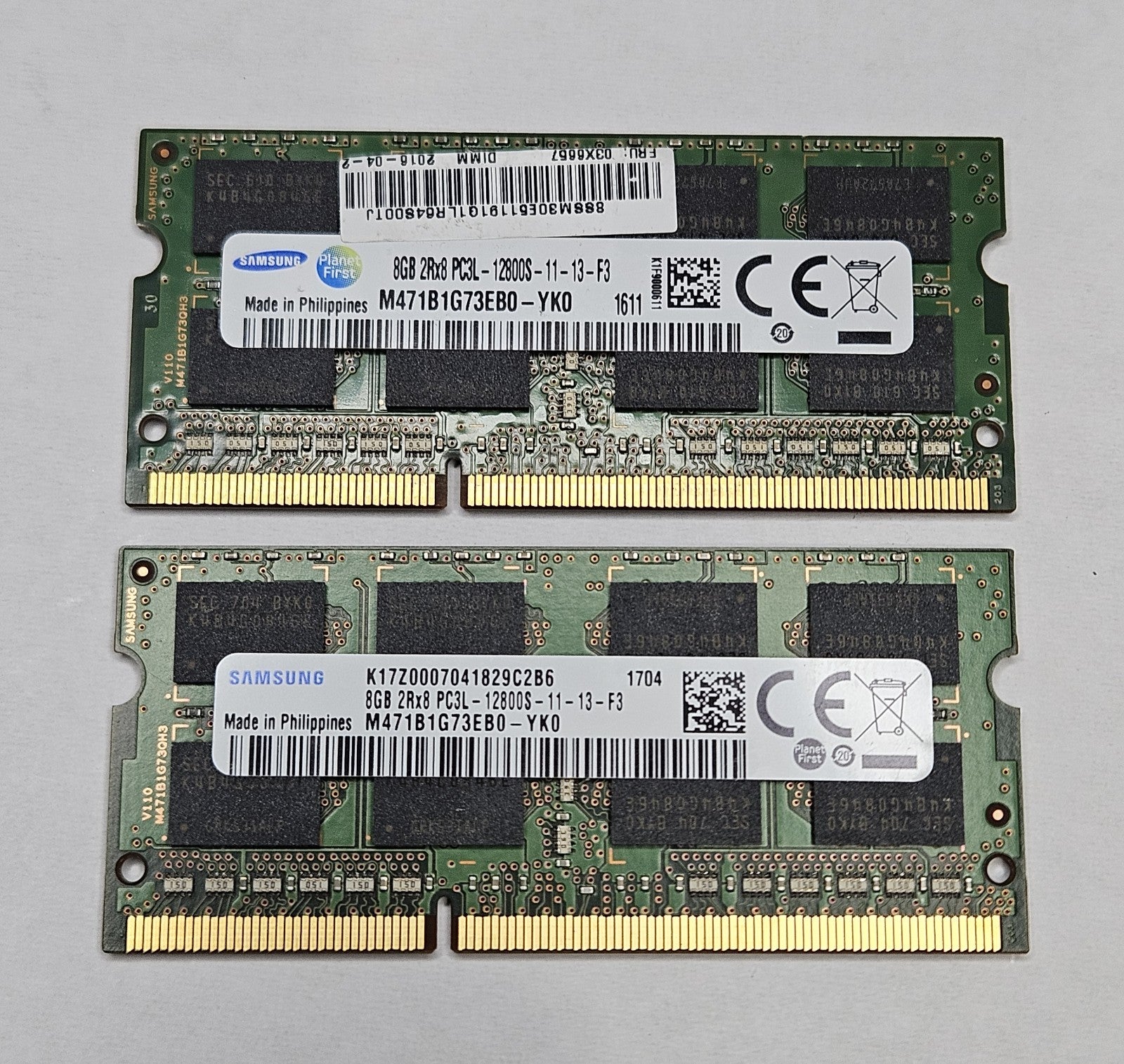 LOT OF 2 Samsung 8GB PC3-12800 DDR3-1600MHz SoDimm Laptop RAM M471B1G73EB0-YK00