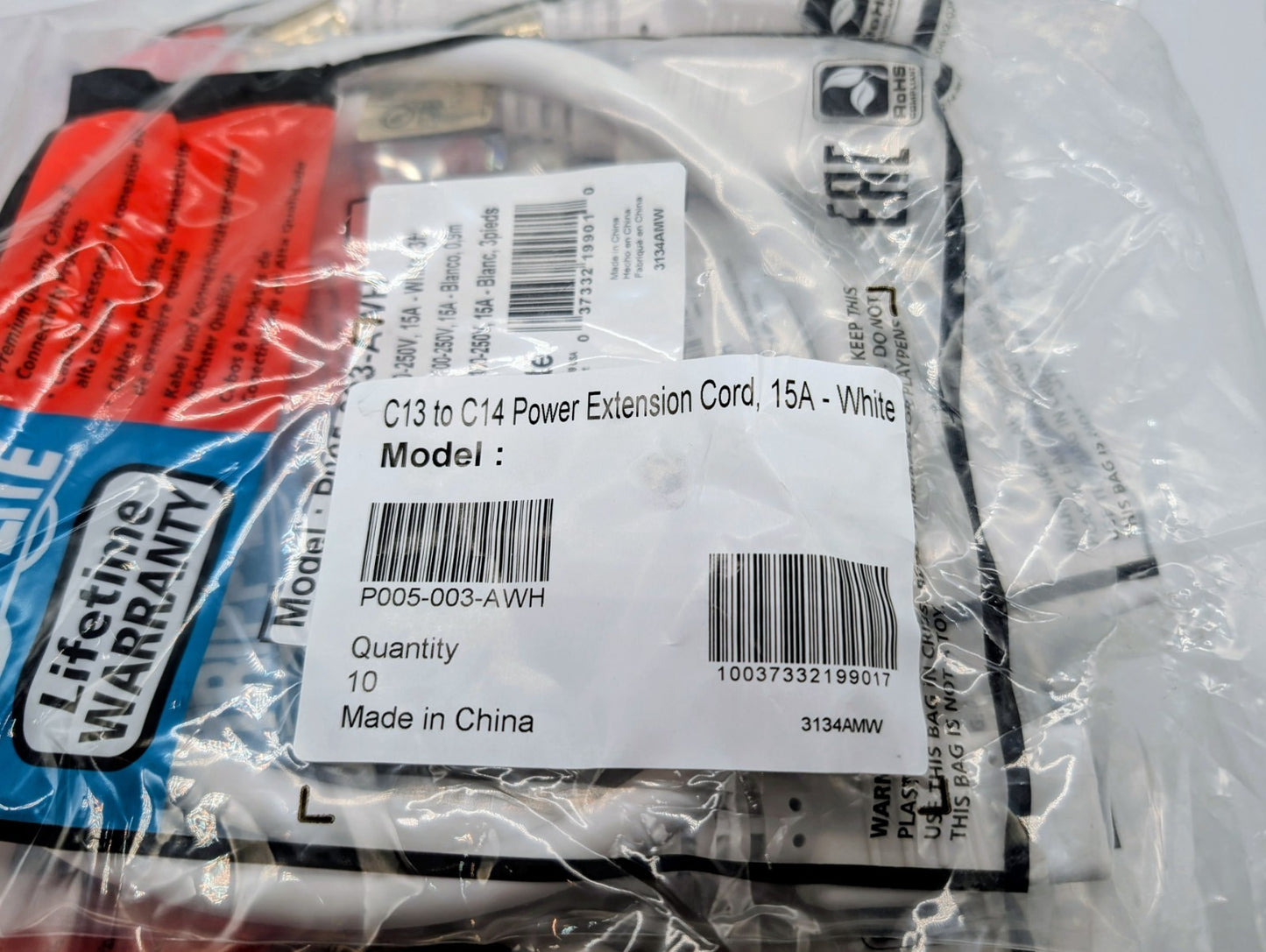 NEW Lot Of 10 C13 to C14 250V 3' Power Extension Cords P005-003-AWH White1