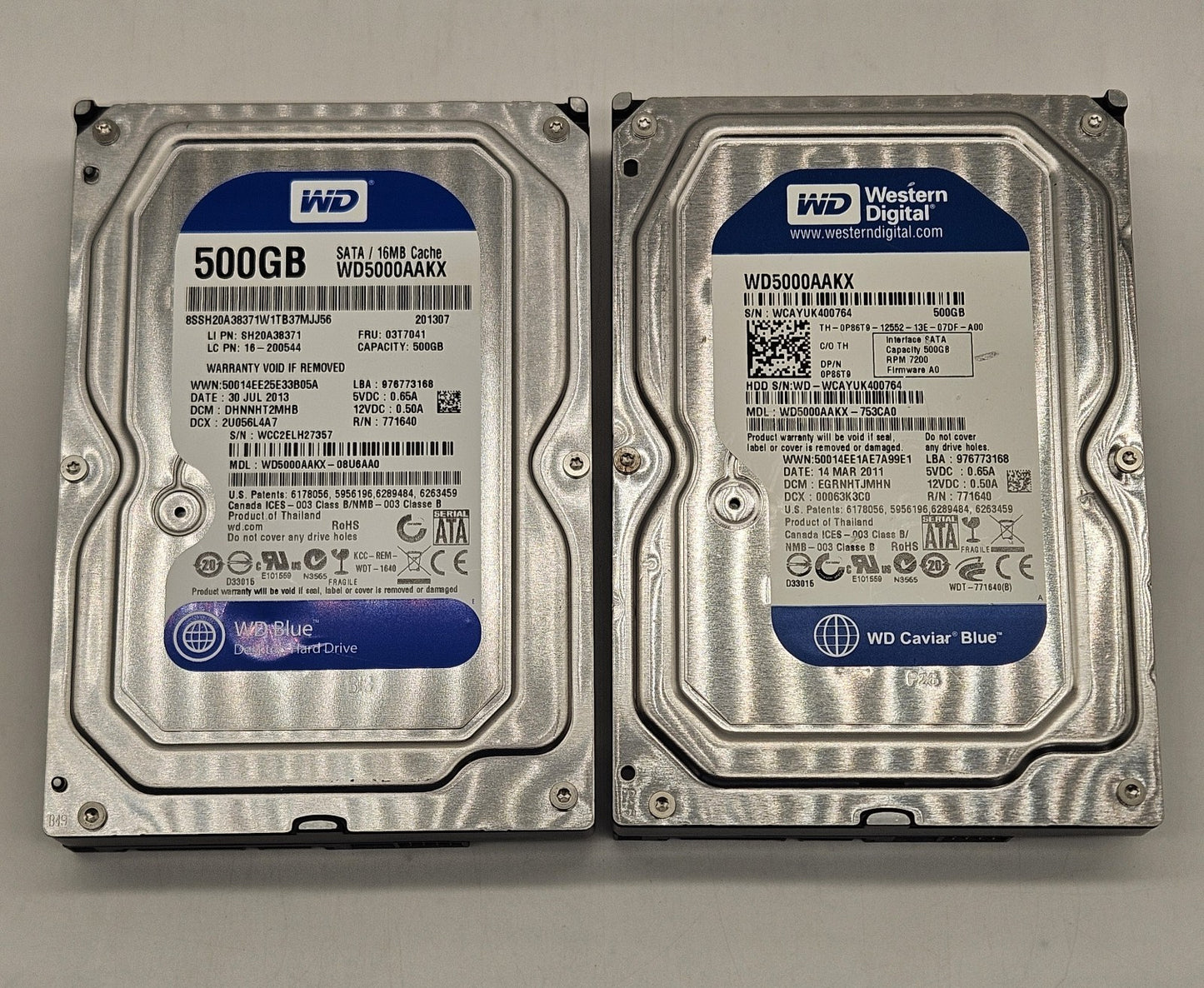 LOT OF 2 Western Digital Blue 500GB 7200RPM SATA 6G 3.5" Hard Drive WD5000AAKX0