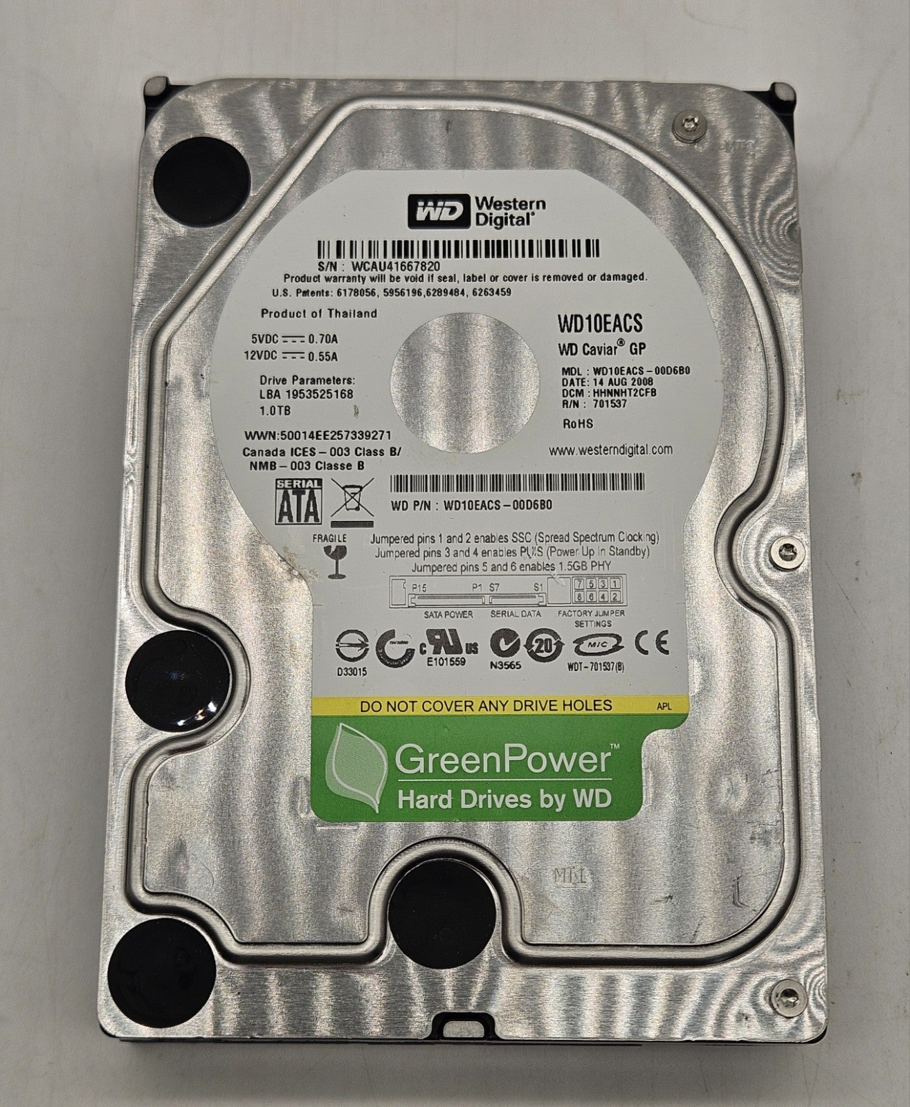 LOT OF 2 Western Digital Green 1TB 7200RPM SATA 3Gbps 3.5" Hard Drive WD10EACS1