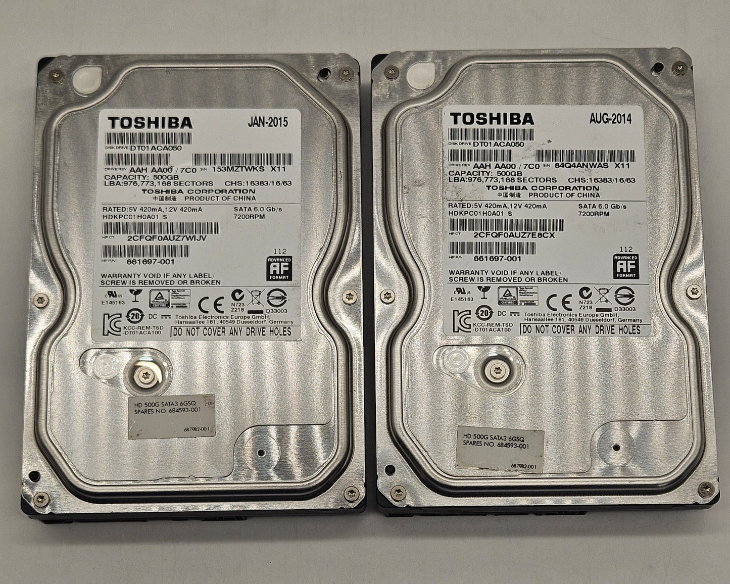 LOT OF 2 Toshiba 500GB 7200RPM SATA 6Gbps 32MB (512e) 3.5" Hard Drive DT01ACA0500