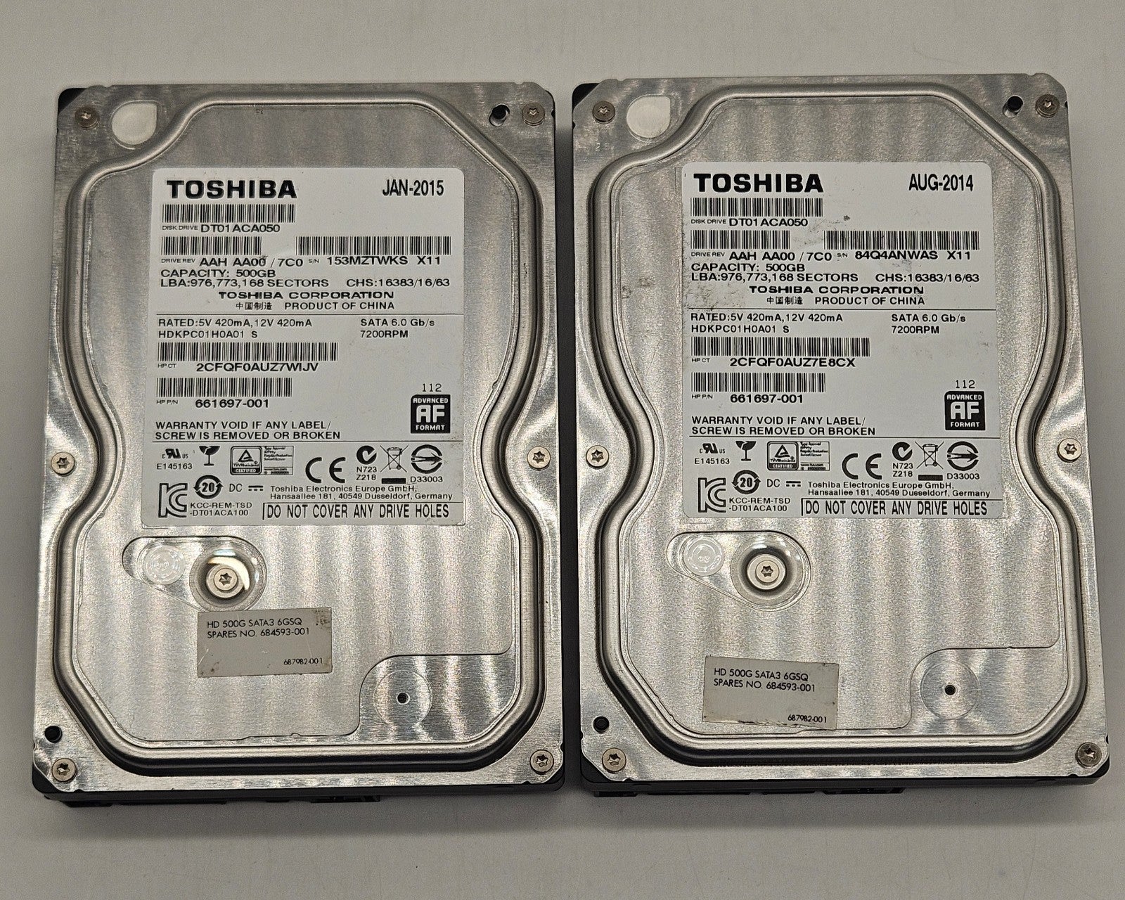 LOT OF 2 Toshiba 500GB 7200RPM SATA 6Gbps 32MB (512e) 3.5" Hard Drive DT01ACA0500