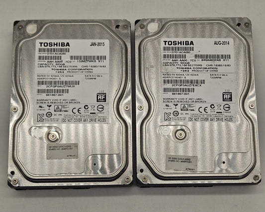 LOT OF 2 Toshiba 500GB 7200RPM SATA 6Gbps 32MB (512e) 3.5" Hard Drive DT01ACA0500