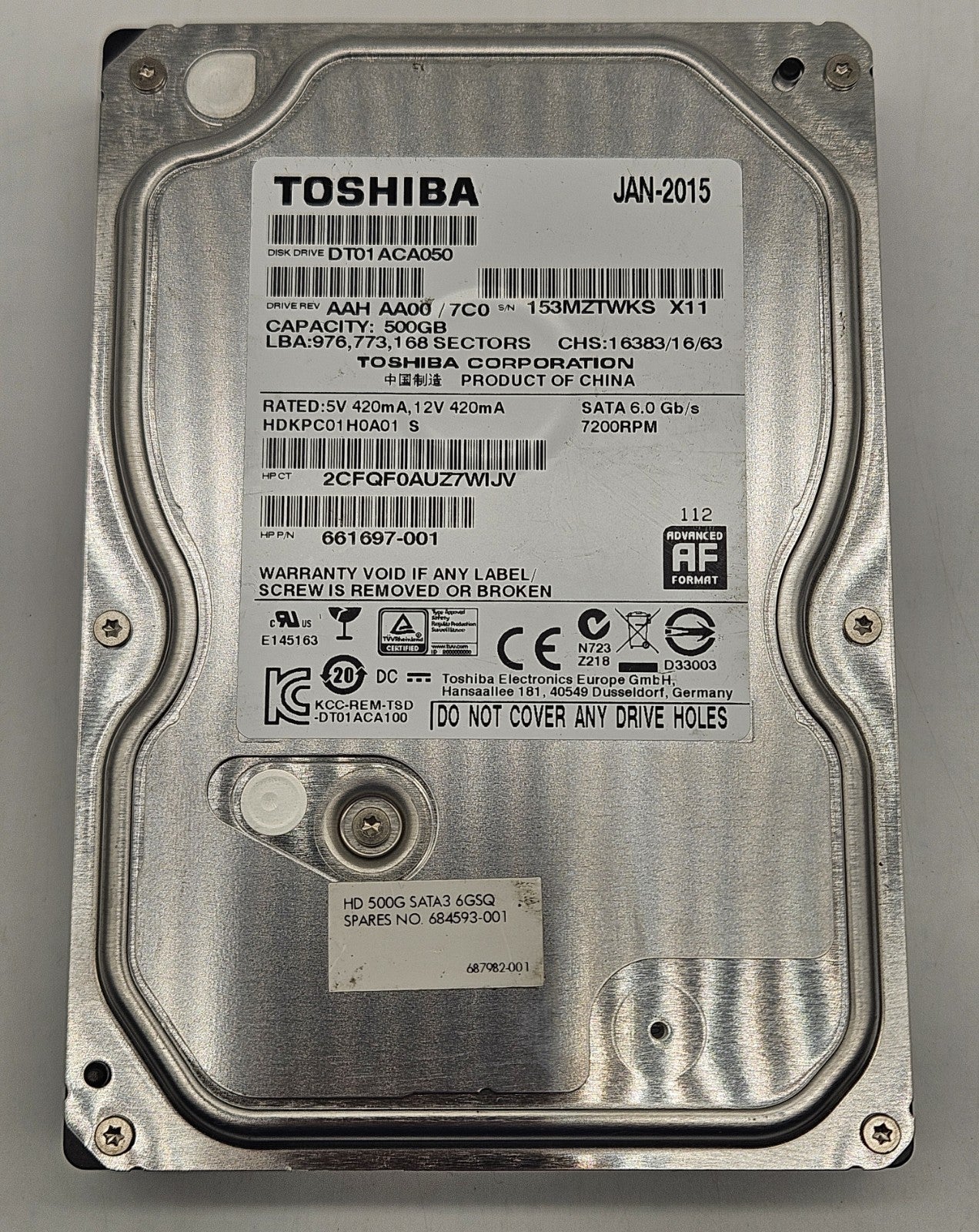 LOT OF 2 Toshiba 500GB 7200RPM SATA 6Gbps 32MB (512e) 3.5" Hard Drive DT01ACA0501
