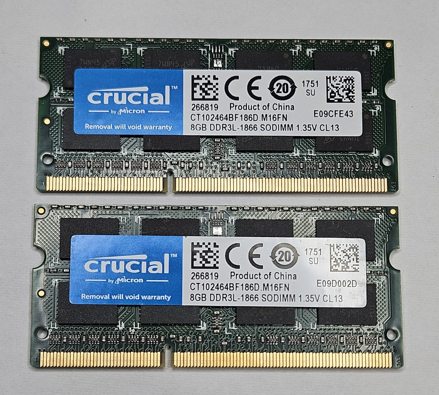 LOT OF 2 Crucial 8GB PC3-14900 DDR3-1866MHz SoDimm Laptop RAM CT102464BF186D0