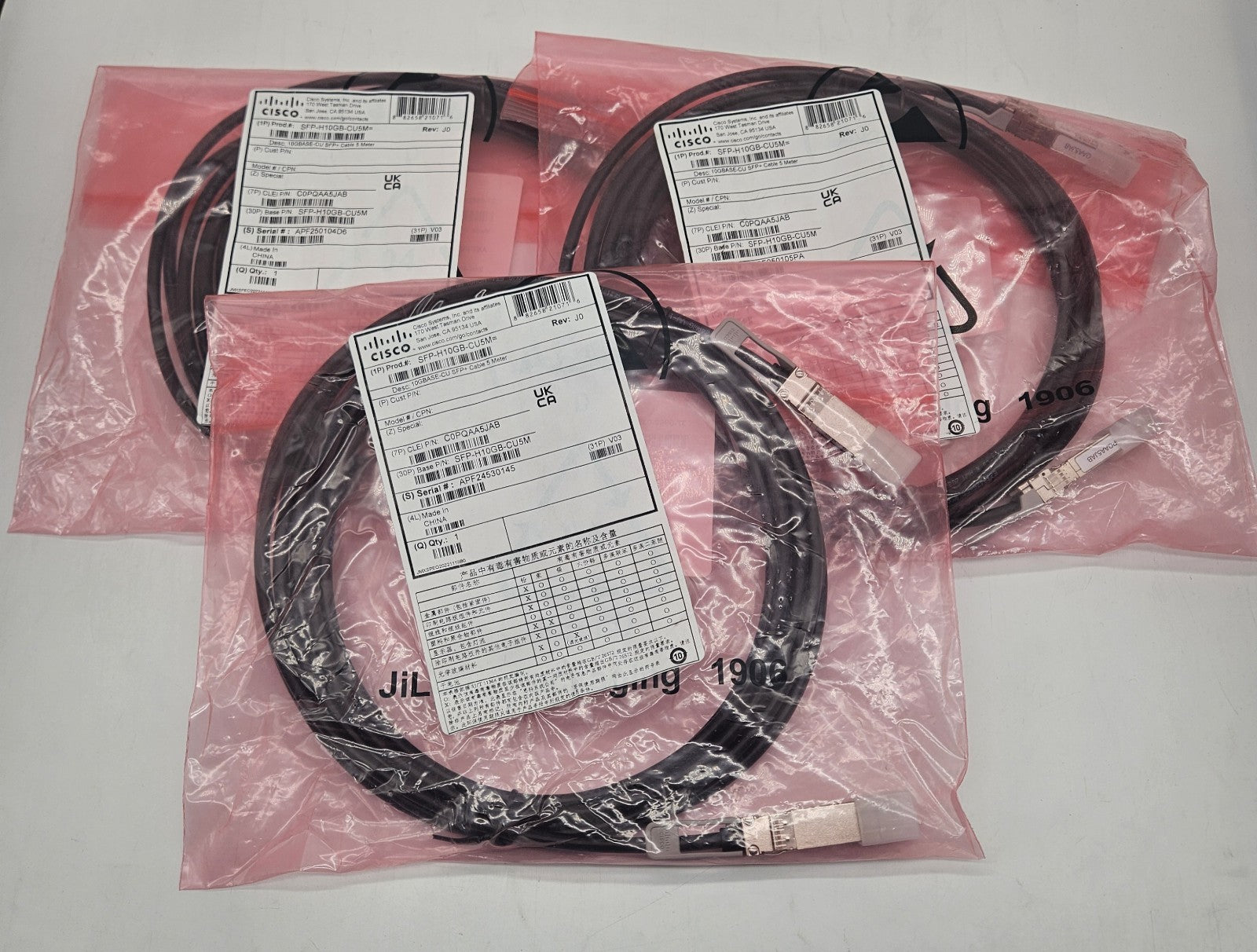 LOT OF 3 Cisco SFP-H10GB-CU5M 5M SFP+ Copper Twinax Fibre Cable 37-0962-030
