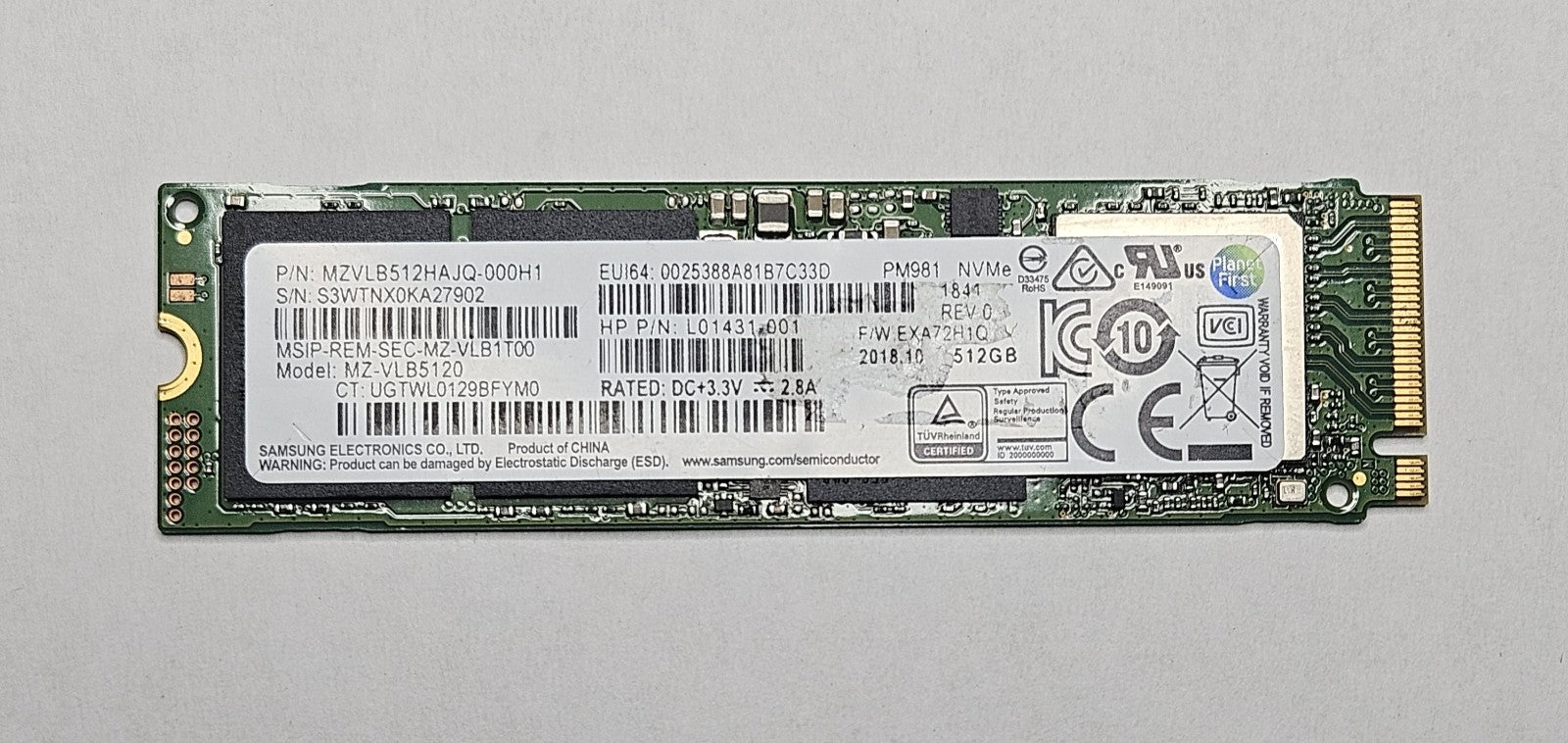 Samsung PM981 MZ-VLB5120 512GB TLC PCIe-3.0 x4 NVMe M.2 2280 SSD MZVLB512HAJQ0