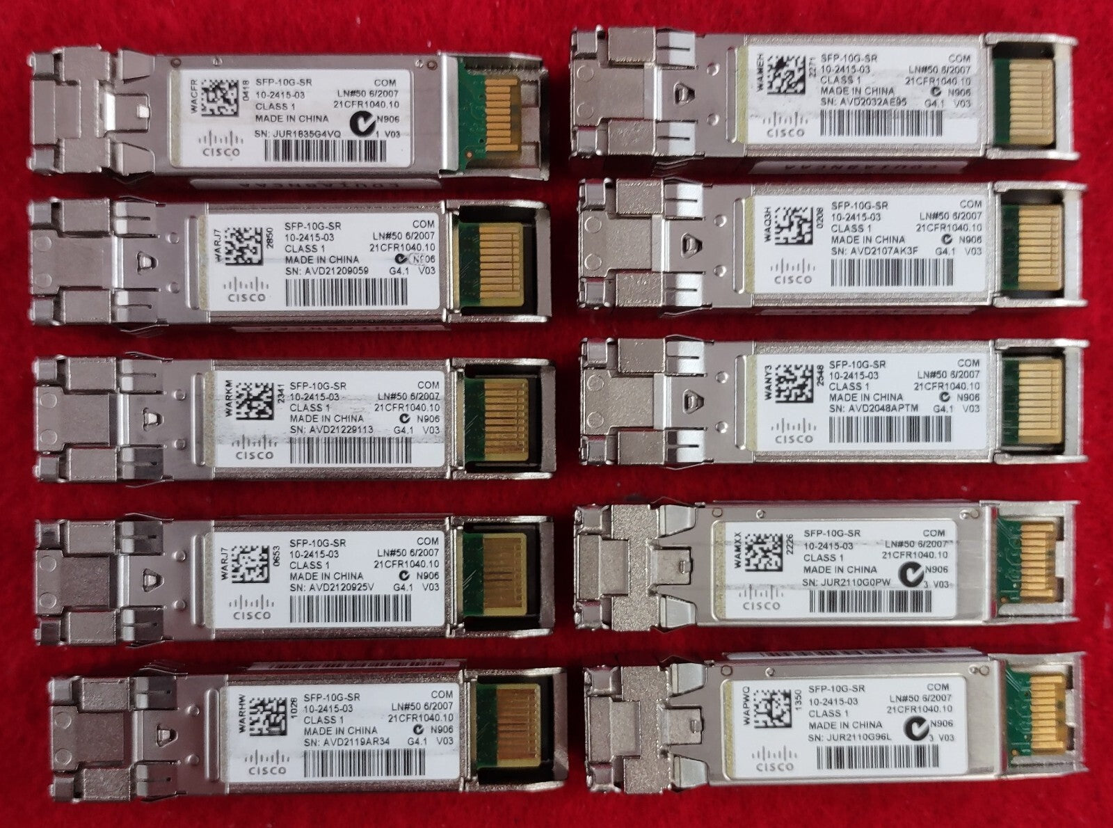 LOT OF 10 Cisco 10GBase-SR LC Duplex MMF 300m 850nm SFP+ Transceivers SFP-10G-SR0