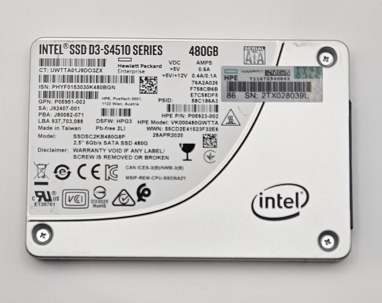 Intel DS-S4510 480GB SATA 6Gbps Read Intensive 2.5" SSD SSDSC2KB480G8P Health97%1
