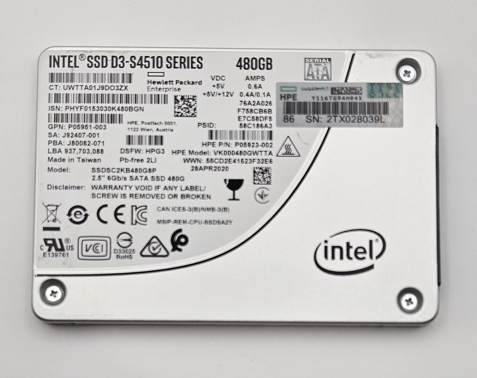 Intel DS-S4510 480GB SATA 6Gbps Read Intensive 2.5" SSD SSDSC2KB480G8P Health97%1