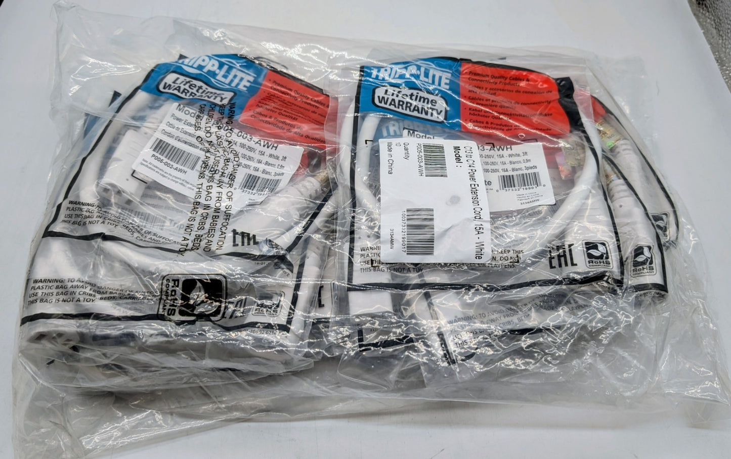 NEW Lot Of 10 C13 to C14 250V 3' Power Extension Cords P005-003-AWH White0