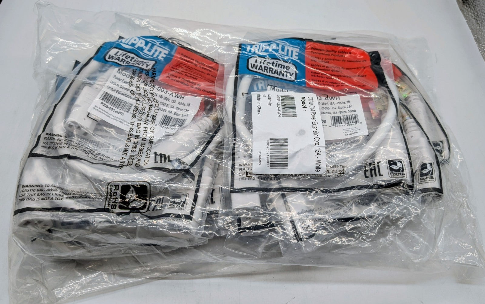 NEW Lot Of 10 C13 to C14 250V 3' Power Extension Cords P005-003-AWH White0