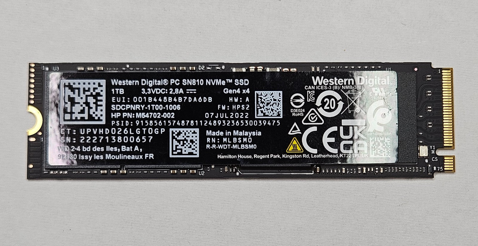 Western Digital SN810 1TB TLC PCI Express 4.0 x4 NVMe M.2 2280 SSD SDCPNRY-1T000