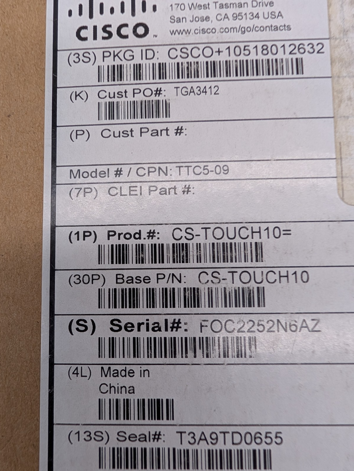 New Sealed Cisco CS-TOUCH10 - Touch 10 LCD Touchscreen For MX200 G2 MX300 G21
