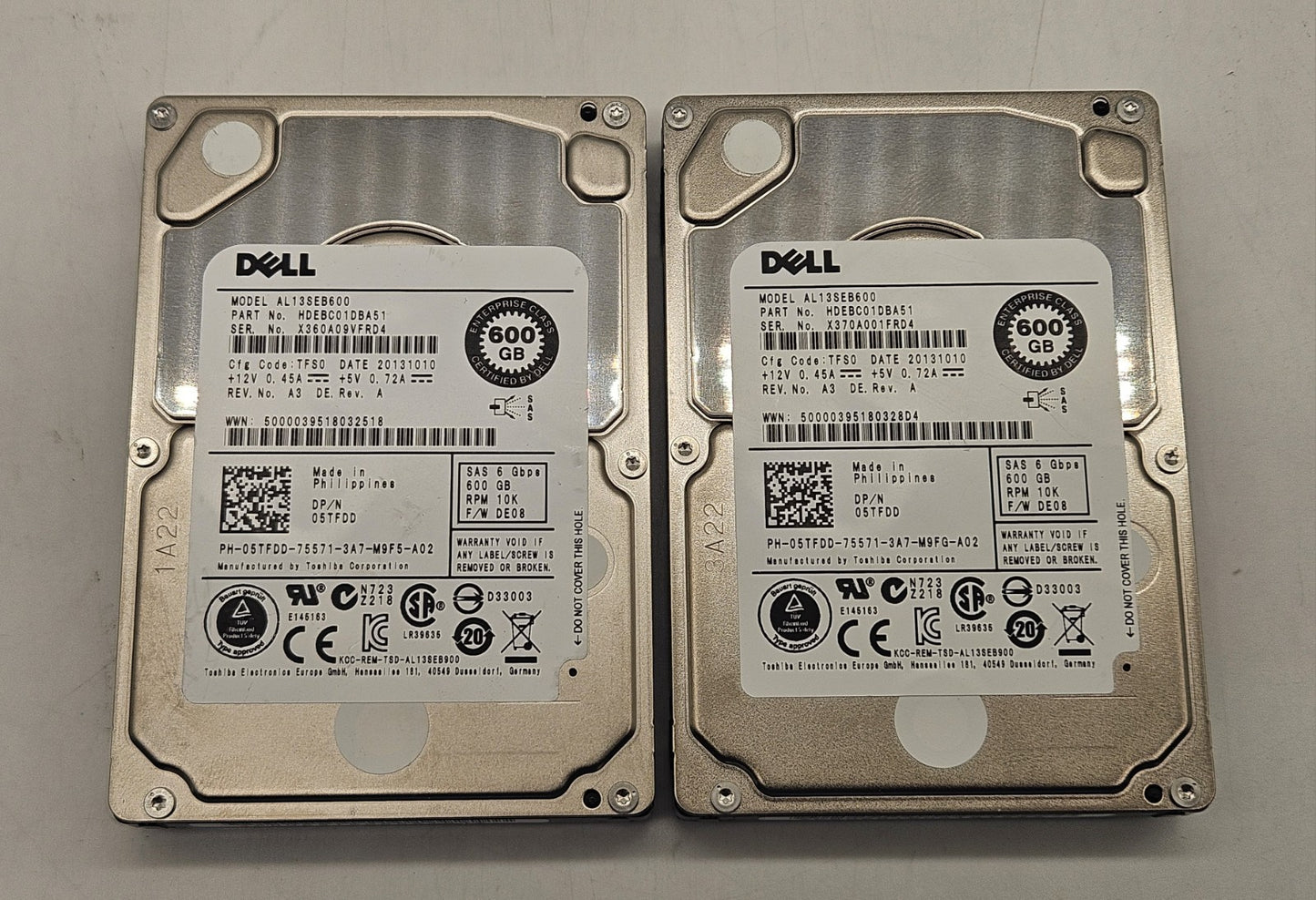 LOT OF 2 Toshiba 600GB 10000RPM SAS 6Gbps 64MB 2.5" Hard Drive AL13SEB6000