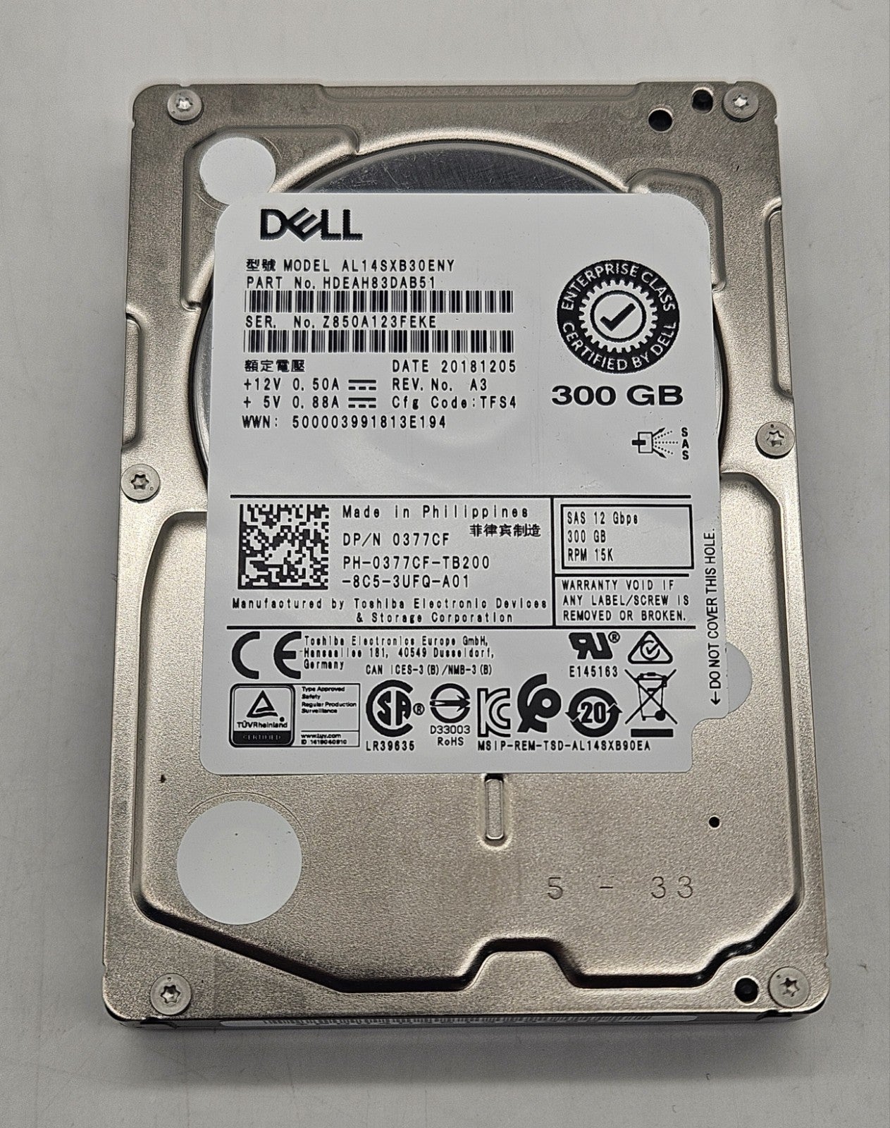 Toshiba 300GB 15K RPM SAS 12Gbps 128MB (512e / SIE) 2.5" Hard Drive AL14SXB30ENY1