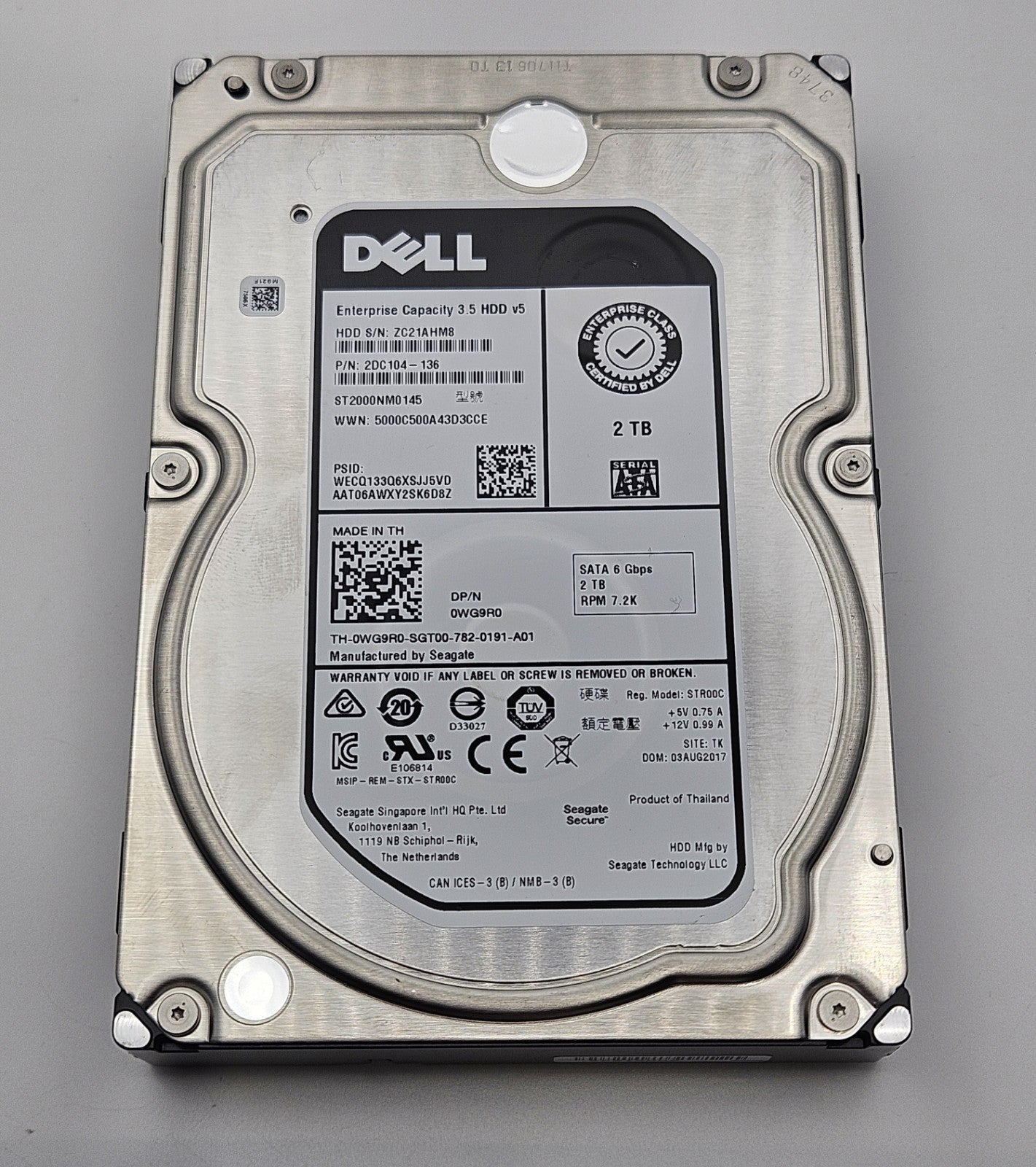 Dell Seagate 2TB 7200RPM SATA 6Gbps 128MB 3.5" Hard Drive WG9R0 ST2000NM01451