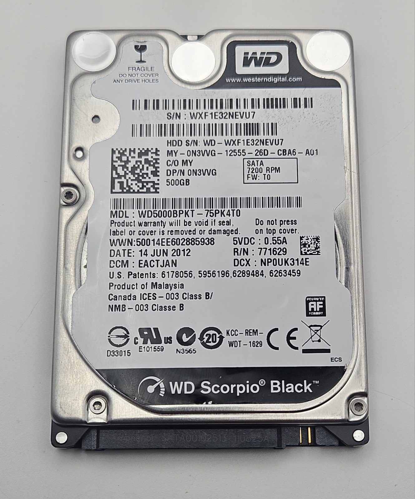 Western Digital Black 500GB 7200RPM SATA 3Gbps 16MB 2.5" Hard Drive WD5000BPKT1