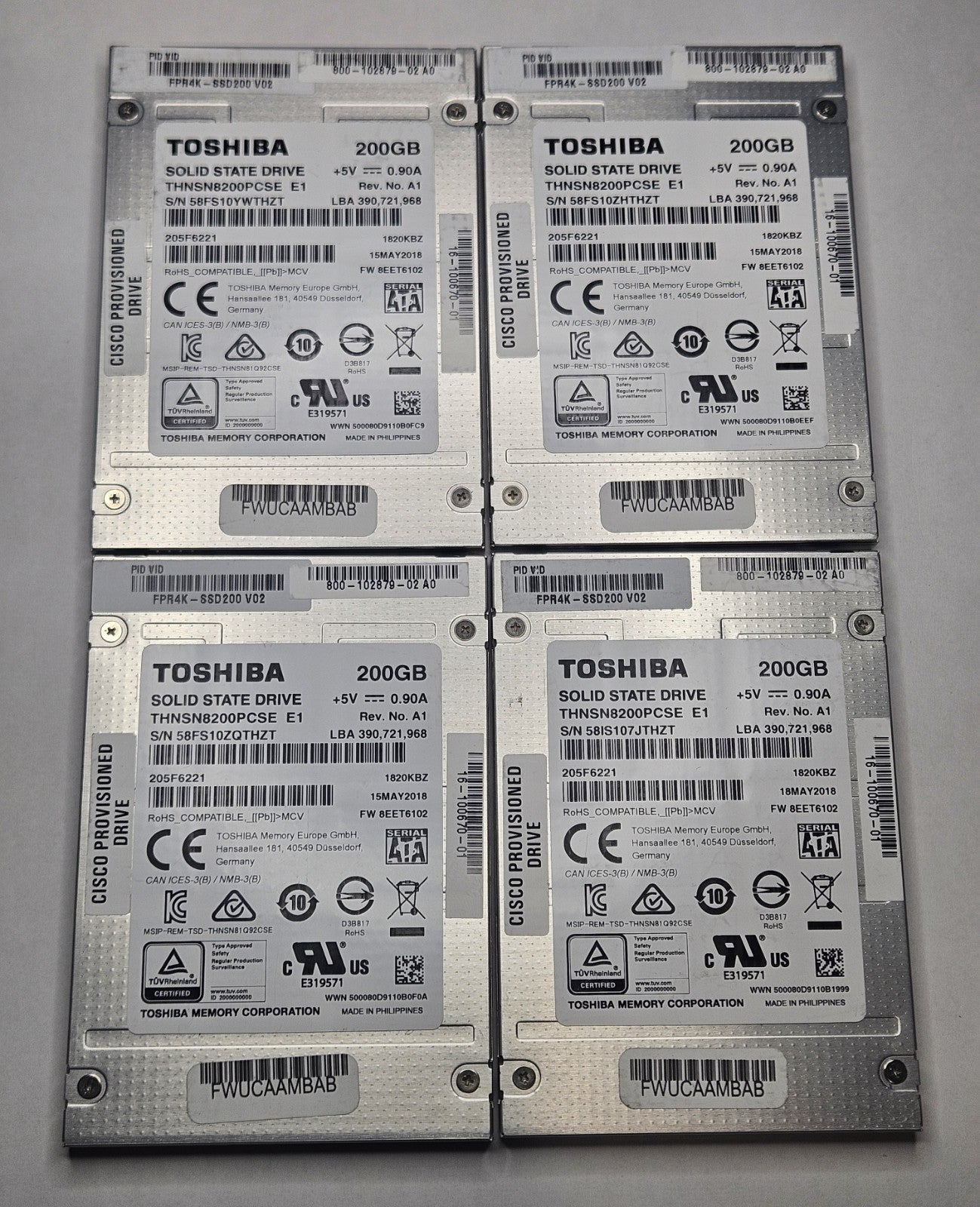 LOT OF 4 Toshiba HK4E 200GB MLC SATA 6G Mixed Use (PLP) 2.5" SSD THNSN8200PCSE0