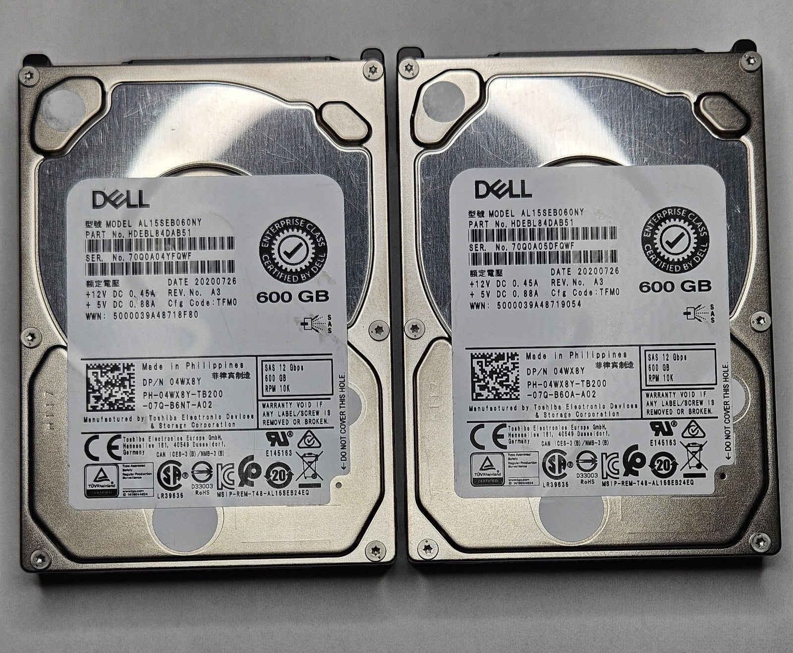 LOT OF 2 Toshiba 600GB 10K SAS 12Gbps 128MB Cache 2.5" Hard Drive AL15SEB060NY0