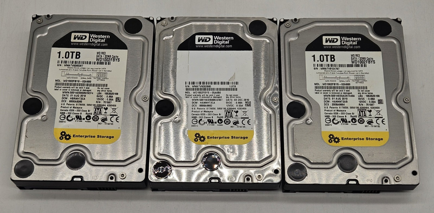 LOT OF 3 Western Digital RE3 1TB 7200RPM SATA 3Gbps 3.5" Hard Drive WD1002FBYS0