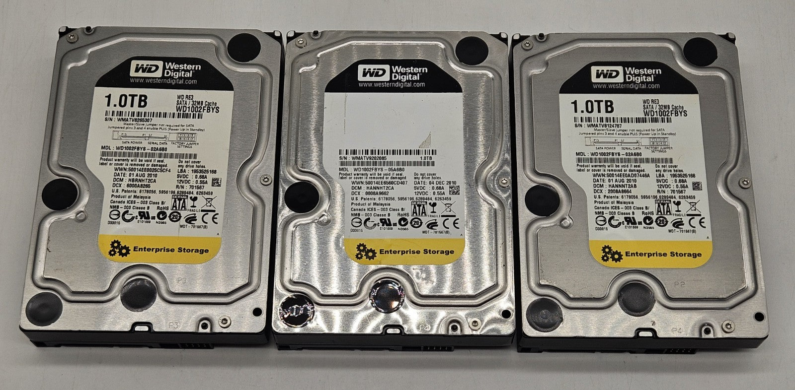 LOT OF 3 Western Digital RE3 1TB 7200RPM SATA 3Gbps 3.5" Hard Drive WD1002FBYS0