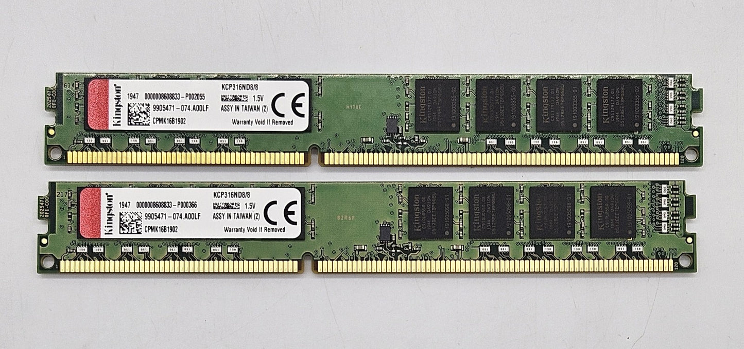 LOT OF 2 Kingston 8GB PC3-12800 DDR3-1600MHz VLP Desktop Memory RAM KCP316ND8/80