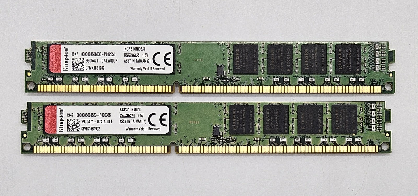 LOT OF 2 Kingston 8GB PC3-12800 DDR3-1600MHz VLP Desktop Memory RAM KCP316ND8/80