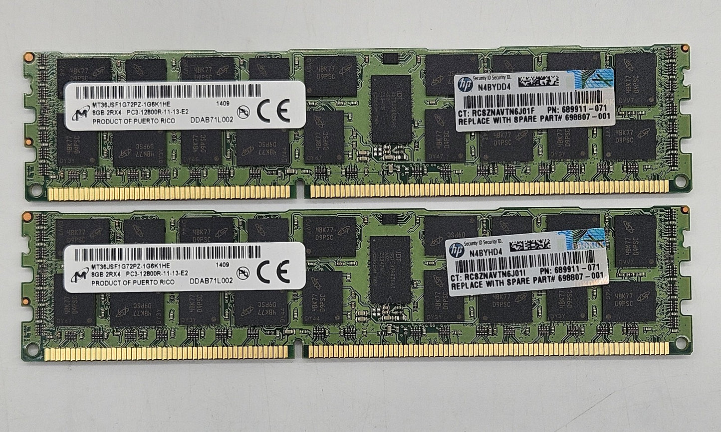 LOT OF 2 HP 8GB 2Rx4 PC3-12800 DDR3-1600MHz ECC REG Server Memory RAM 698807-0010