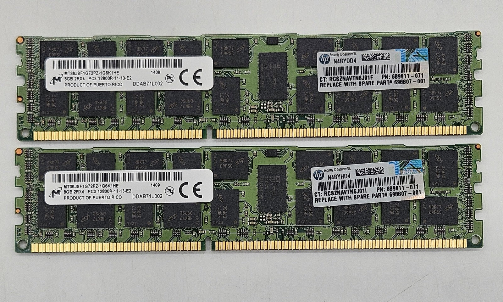 LOT OF 2 HP 8GB 2Rx4 PC3-12800 DDR3-1600MHz ECC REG Server Memory RAM 698807-0010